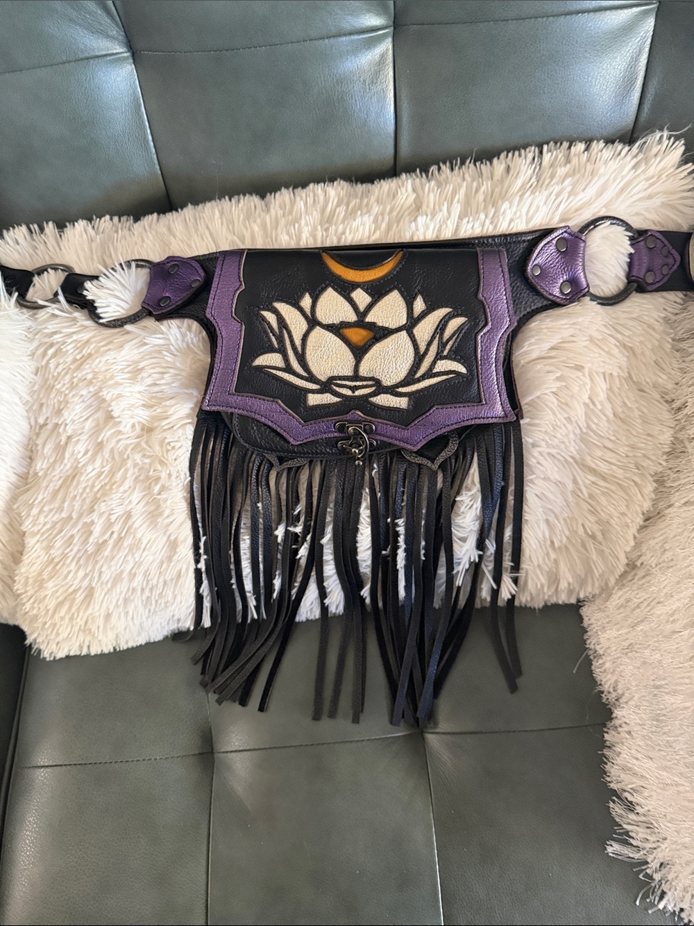 Mystic Fables Leather Handcrafted Leather Lotus Fringe Festival Belt - Picture 3 of 5